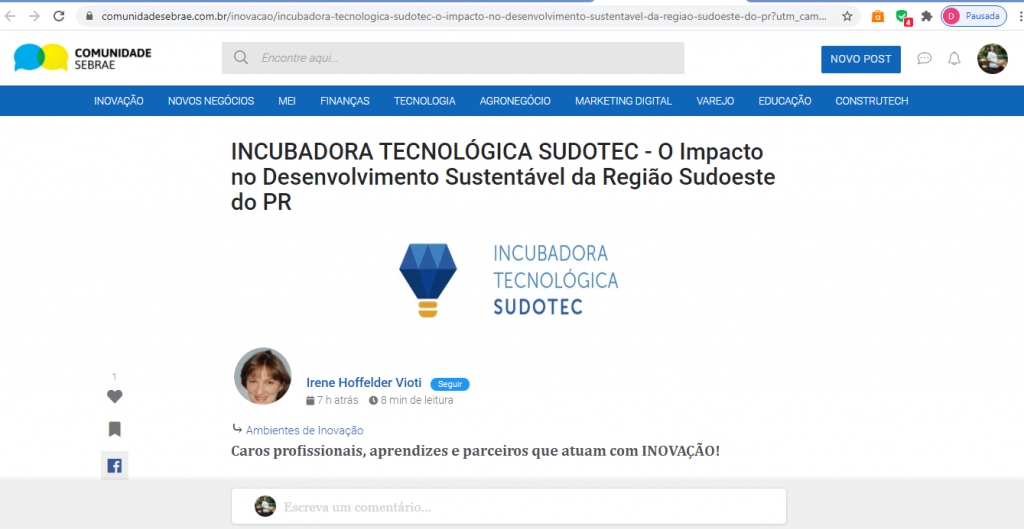 SUDOTEC É MANCHETE NO SITE COMUNIDADE SEBRAE 