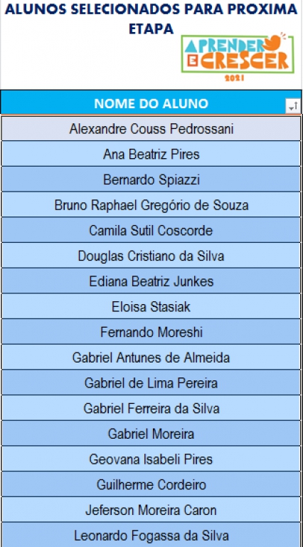 SELECIONADOS PARA 2ª FASE DO PROJETO APRENDER & CRESCER - 2021